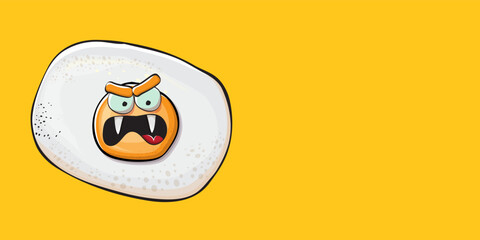Vector cartoon fried egg character isolated on orange background. Cute fried egg for good morning concept illustration. Funky cartoon egg character for printing on tee, menu and food poster