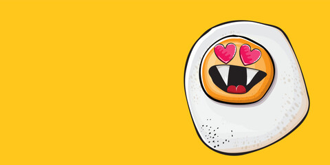 Vector cartoon fried egg character isolated on orange background. Cute fried egg for good morning concept illustration. Funky cartoon egg character for printing on tee, menu and food poster