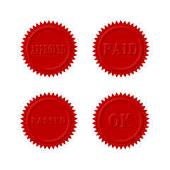 A set of 4 - 3D rendered illustrations of red business seals with text:  