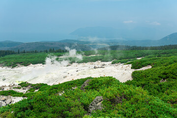 fumarole field on the slope of Mendeleev volcano on Kunashir island overlooking the ocean in the...