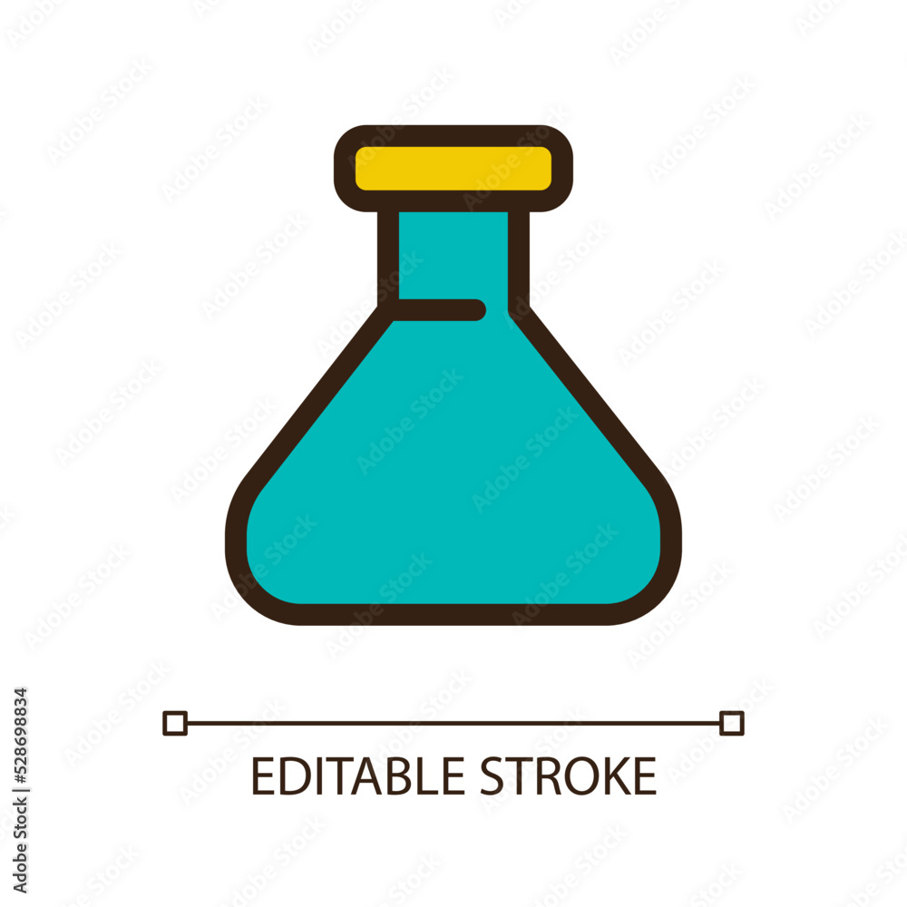 Poster erlenmeyer flask pixel perfect rgb color ui icon. chemistry glassware. simple filled line element. g