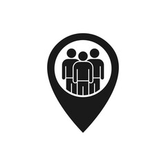 Meeting location. People and pin pointer icon flat style isolated on white background. Vector illustration