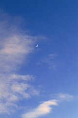 Moon on a daytime blue sky background.Place for text.Vertical format