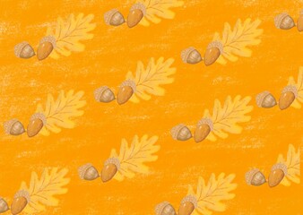 Fototapeta na wymiar パステル風でオレンジ色をバックにドングリや葉っぱの模様が入った背景素材