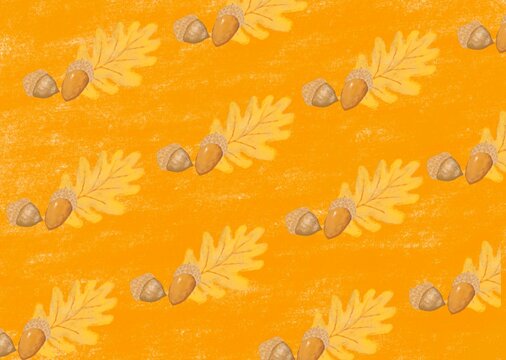 パステル風でオレンジ色をバックにドングリや葉っぱの模様が入った背景素材