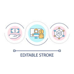 Content monetization loop concept icon. Digital marketing. Electronic commerce model abstract idea thin line illustration. Isolated outline drawing. Editable stroke. Arial font used