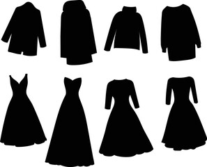 clothes set, dresses silhouette isolated, vector
