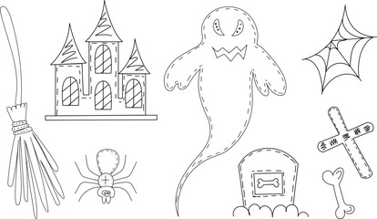 Fototapeta na wymiar set for halloween doodle sketch, outline vector
