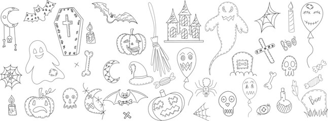 set for halloween doodle sketch, outline vector, isolated