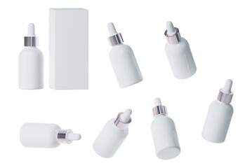Seven different views of glossy white plastic serum bottle with cap 3D render, cosmetic product packaging isolated on white background