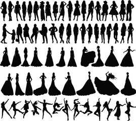 set of women brides, princesses silhouette isolated, vector