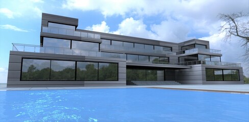 Low-rise office building with swimming pool. Exterior trim popular horizontal aluminum panels. Pool with blue water. 3d render.