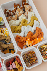 Organizer with fashion hair bows, hairpins and hair elastics. Organizing and Storage Ideas. Baby Girl hair accessory. Hairstyles for girls with bows. Close up