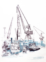Color felt tip pen drawing on a white paper. "Portal cranes and vessels at the dock". Sketch. Vertical composition