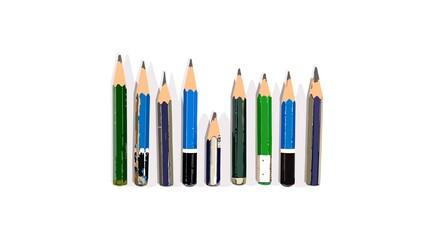 Lined up Old and Used Architect's Pencils w/ Shadow in White Background Illustration