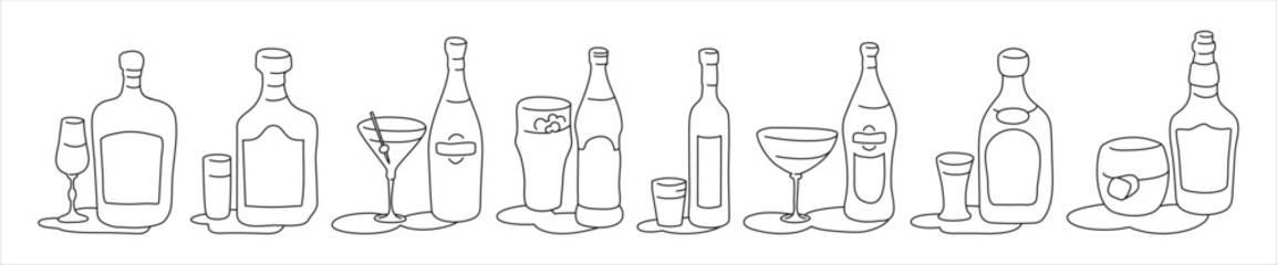 Liquor rum martini beer vodka vermouth tequila whiskey bottle and glass outline icon on white background. Black white cartoon sketch graphic design. Doodle style. Hand drawn image. Party drinks