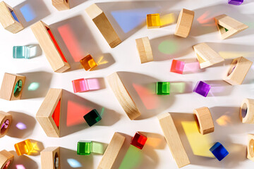 Wooden blocks with translucent rainbow stones on white background. Colorful toys for Kids.  Educational game for toddler. Play with light and exploring coloured shadows.
