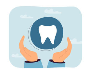 Tooth sign in caring hands flat vector illustration. White healthy tooth. Dental care, hygiene, oral cavity, medicine, dentistry concept for banner, website design or landing web page