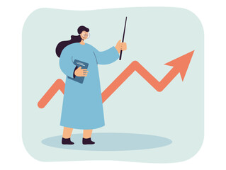 Woman analyzing growing statistics flat vector illustration. Female cartoon character with pointer looking at raising arrow. Growth, analytics concept for banner, website design or landing web page