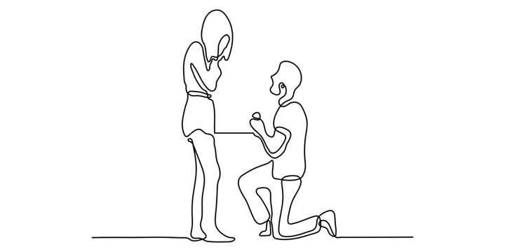 Continuous one line drawing of couple in love. Man sitting and give a wedding ring gift to the girl.