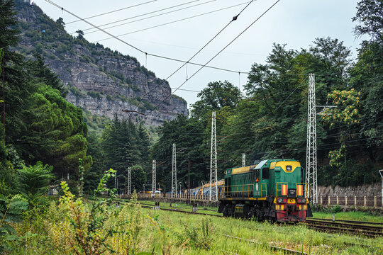 Soviet freight train at a cargo junction in the mining town of Chiatura, Georgia.