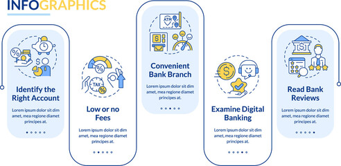 Choose bank rectangle infographic template. Customer benefits. Data visualization with 5 steps....