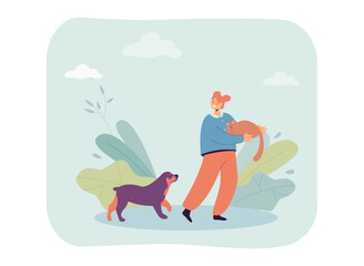 Happy girl spending time with pets flat vector illustration. Female cartoon character taking care of cat and dog. Love, friendship concept for banner, website design or landing web page
