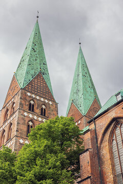 The twin towers of St. Mary's Church in Lubeck, the mother church of brick Gothic