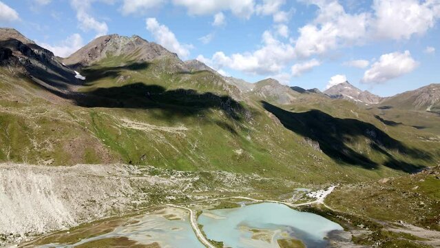 Aerial view of a high mountain lake in the valley of Zinal, Switzerland
