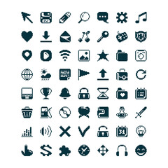Black and white simple vector 1 bit pixel art set of different icons for mobile applications or websites in the style of old arcade games