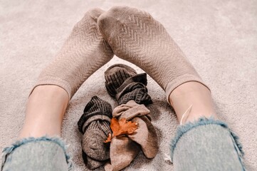 Close up of brown cotton socks autumn cozy clothing