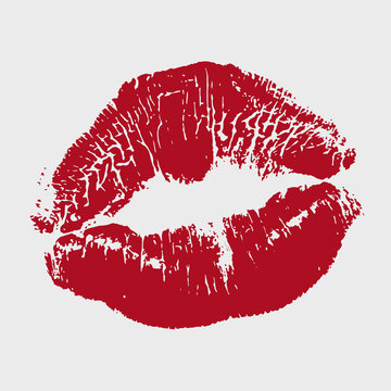 Beautiful realistic red lips kiss isolated on white background. Lipstick vector mark.