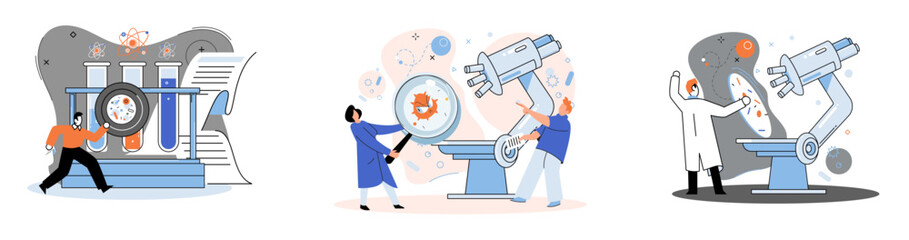 Medical research. Laboratory diagnostic services, medical device design development scenes metaphor. Scientists in hemistry clinic laboratories, microbiology pharmaceutical research. Vaccine discovery