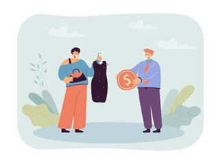 Husband buying clothes for wife flat vector illustration. Female cartoon character trying on dresses, apparel or outfits. Family, shopping concept for banner, website design or landing web page