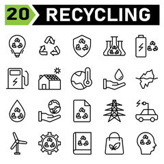 Ecology and Recycle icon set include recycling, waste, material, shield, protect, chemistry, science, battery, charging, station, electric, charger, house, solar, panel, home, thermometer, warming
