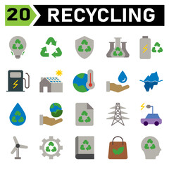 Ecology and Recycle icon set include recycling, waste, material, shield, protect, chemistry, science, battery, charging, station, electric, charger, house, solar, panel, home, thermometer, warming