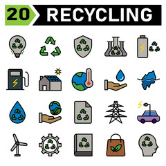 Ecology and Recycle icon set include recycling, waste, material, shield, protect, chemistry, science, battery, charging, station, electric, charger, house, solar, panel, home, thermometer, warming