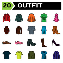 Outfit icon set include fashion, clothing, clothes, apparel, shirt, wear, shoes, man, footwear, male, shoe, sport bra, bra, outfit, female, summer, style, accessory, design, bag, cartoon