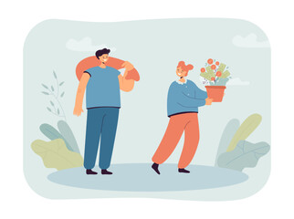 Girl with money tree and man with bag flat vector illustration. Man and woman making money. Finance, growth, economy, success, profit concept for banner, website design or landing web page