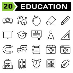 Education icon set include projector, projection, presentation, education, formula, study, science, school, apple, fruit, fruits, erase, eraser, remove, pencil, write, edit, draw, screen, board