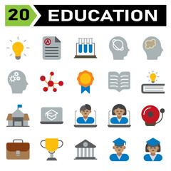 Education icon set include bulb, idea, light, genius, lamp, education, document, rapport, score, science, tube, test, biology, research, intelligence, artificial, head, planet, astronomy, brain, mind