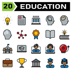 Education icon set include bulb, idea, light, genius, lamp, education, document, rapport, score, science, tube, test, biology, research, intelligence, artificial, head, planet, astronomy, brain, mind