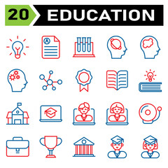 Education icon set include bulb, idea, light, genius, lamp, education, document, rapport, score, science, tube, test, biology, research, intelligence, artificial, head, planet, astronomy, brain, mind