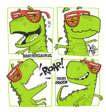 Funny dinosaurs comic style vector illustration. T-shirt design for kids