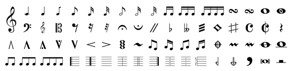 Music notes icon set. Set of musical notes. Black musical note icons. Music elements. Isolated music notes symbols on white background. Simple musical notes signs. Vector illustration - obrazy, fototapety, plakaty