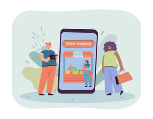 Women buying fresh vegetables online flat vector illustration. People ordering grocery through mobile app. Online shopping, e-commerce concept for banner, website design or landing web page