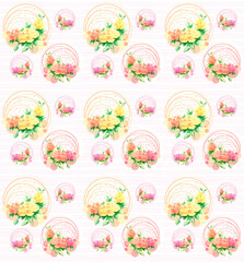 Seamless floral pattern of bouquets of roses on a light background. Hand-drawn watercolor with circles and colored spots. Design for wallpaper, textiles, fabric, postcard, print, wrapping paper.