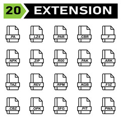 File extension icon set include pa, lza, par, cbr, f, npk, zip, r00, pak, ark, taz, rev, rpm, kgb, f3z, cbz, opk, sfg, pit, pwa, file, document, extension, icon, type, set, format, vector, symbol