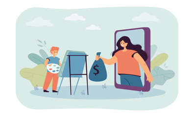 Artist selling his paintings flat vector illustration. Girl giving bag of money to young painter. Online business, education, income, occupation concept for banner, website design or landing web page