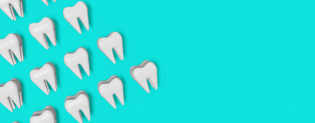 Obraz premium White healthy teeth motion 3D rendering pattern on blue background. National Dentist's Day Digital molar tooth anatomy model. Wisdom teeth extraction Oral care recovery. Dental Insurance Clinic banner